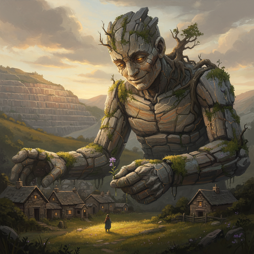 A stone giant offering a flower to a tiny human, with a quarry scar on the hillside behind