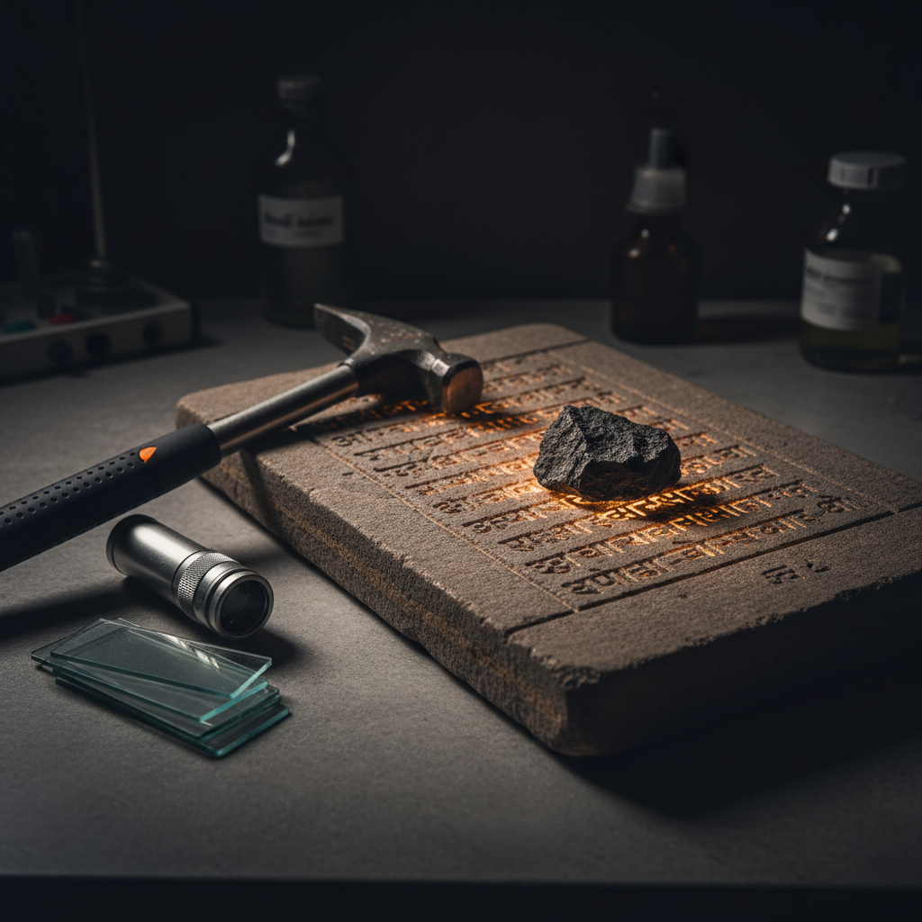 Ancient stone tablet with Sanskrit text on a geology lab bench beside a rock hammer and thin-section slides